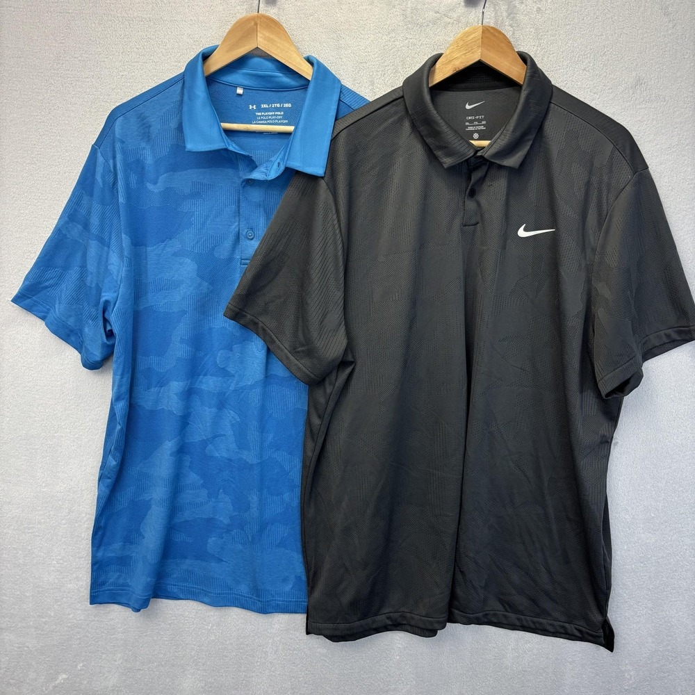 Lot of 2 Nike Dri-Fit Under Armour Camo Golf Playoff Polo Shirt Mens 2XL XXL - Picture 1 of 16